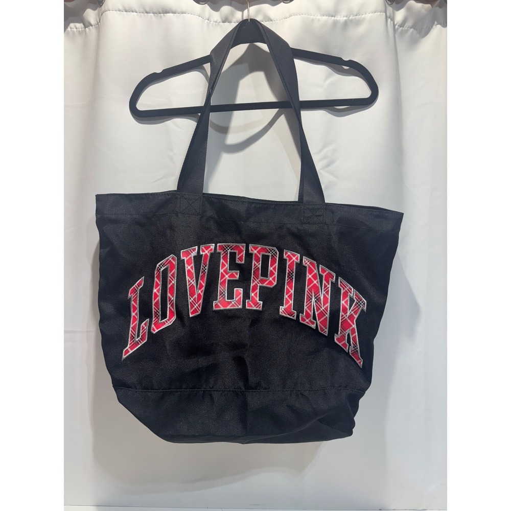 Victoria's Secret PINK Tote Bag Women OS Black Red Plaid Graphic Canvas Carryall